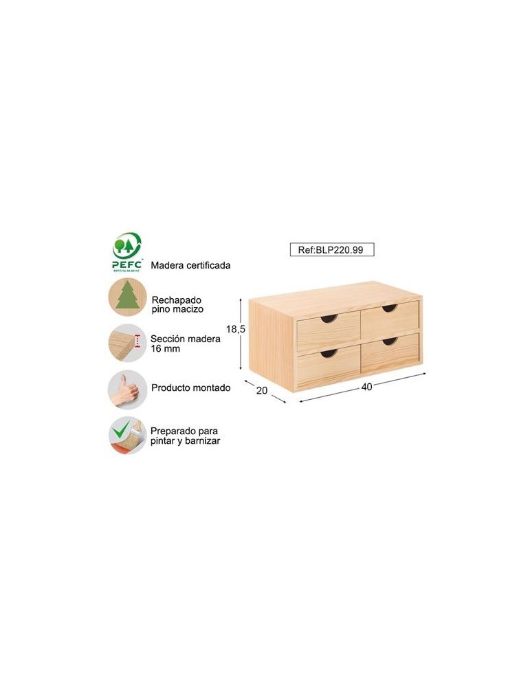CAJONERA MONTADA DE PINO 40X18,5X20CM. BLP220.99